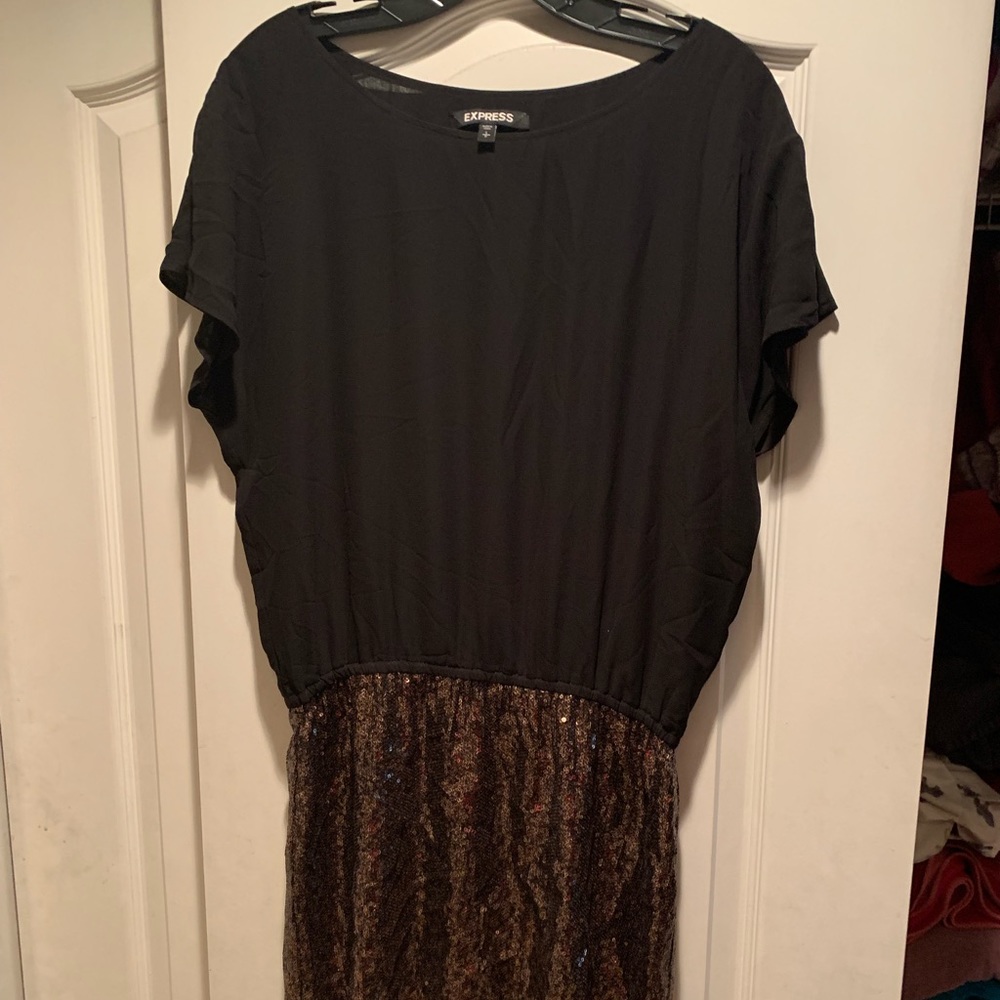 EUC Express drop waist dress w/gold sequined skirt
